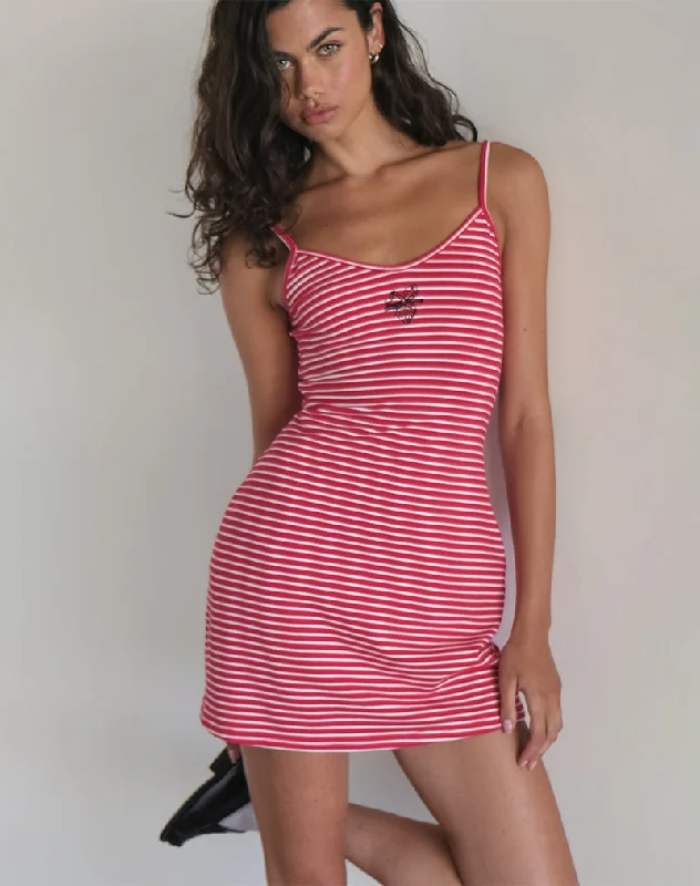 Anzhelina Strappy Mini Dress in Red and White Stripe with Strawberry Emb