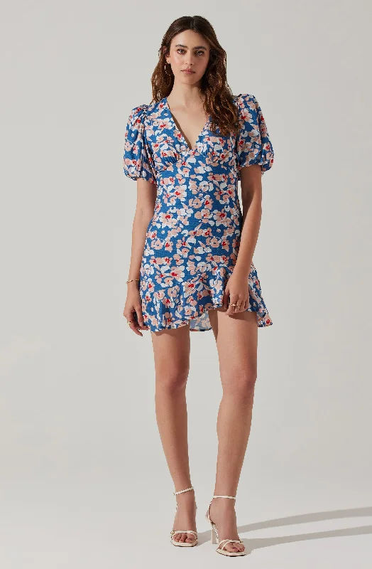 Flutter Sleeve Cutout Floral Mini Dress