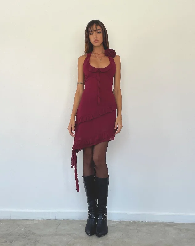 Margaret Ruffle Mini Dress in Plum Chiffon with Rosette