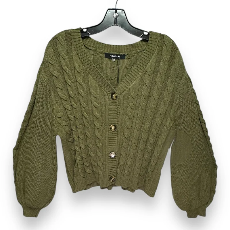 Fern Cropped Cable Knit Cardigan By Sugar Lips In Olive, Size: XS