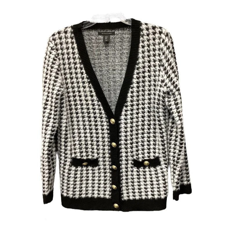 Sweater Cardigan By Tahari By Arthur Levine In Black & White, Size: M