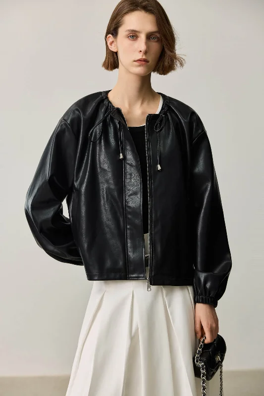 LILY Ruched PU Leather Jacket