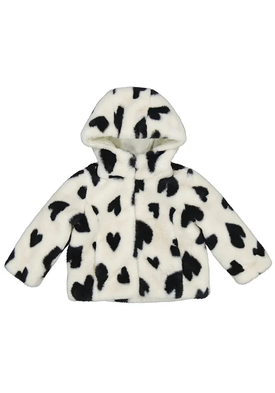 Mayoral Girl Heart Print Faux Fur Hooded Jacket, Cream