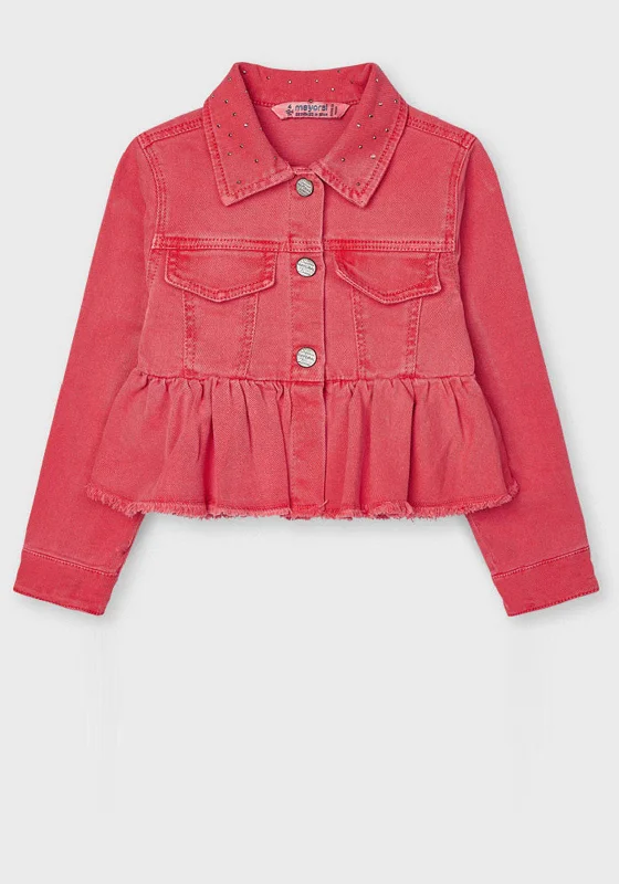 Mayoral Girls Stud Trim Denim Jacket, Coral Red