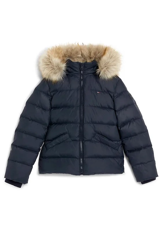 Tommy Hilfiger Girls Essential Down Fur Puffer Jacket, Desert Sky