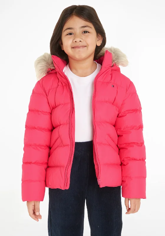 Tommy Hilfiger Older Girls Essentials Down Fur Puffer Jacket, Hot Magenta