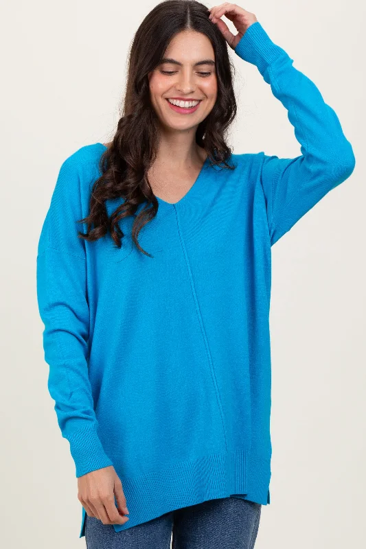 Aqua Front Seam V-Neck Side Slit Sweater