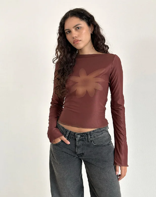 Armali Long Sleeve Top in Mesh Tonal Flower Brown