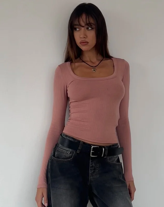 Binlo Extra Long Sleeve Top in Dusty Pink Rib