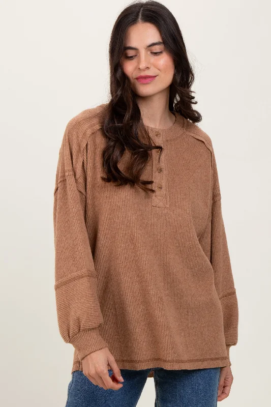 Camel Oversized Ribbed Knit Henley Sweater