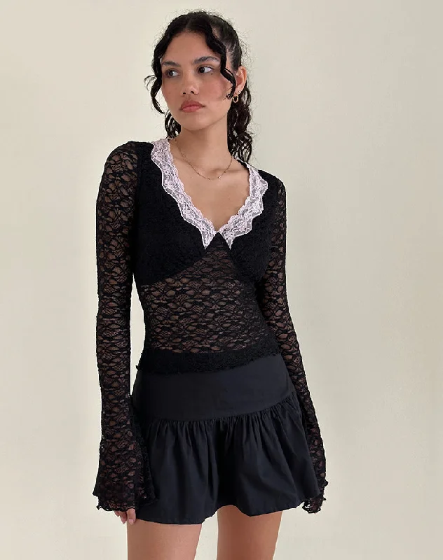 Chantal Lace Top in Black with Pink Trim