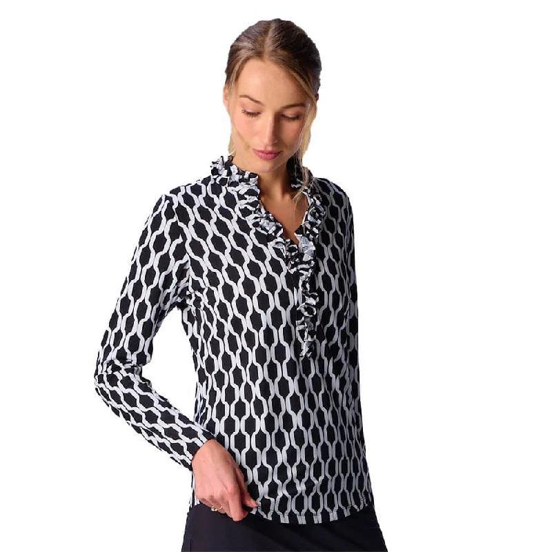 G Lifestyle Long Sleeve Print Double Ruffle Top - Black Geo