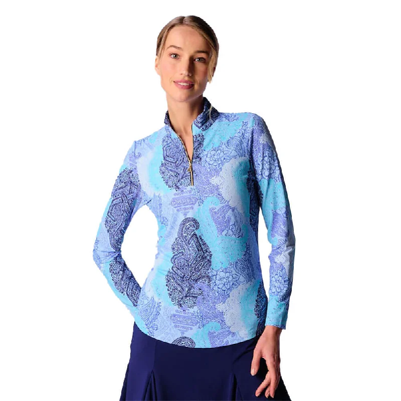 G Lifestyle Long Sleeve Print Zip Mock Neck Top - Blue Paisley