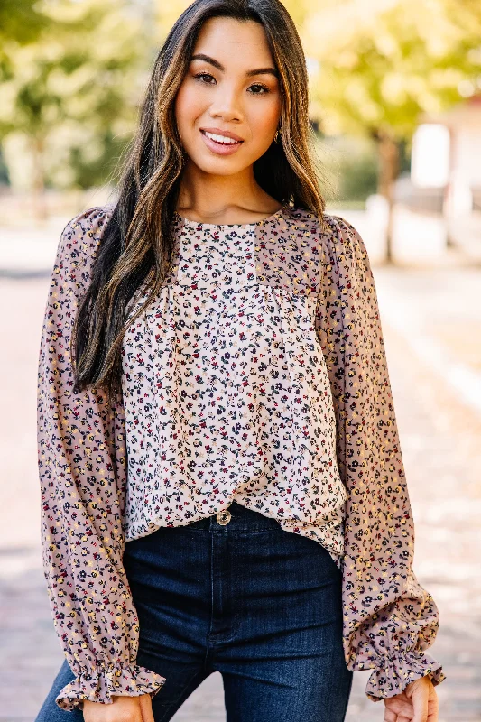 Go Through The Motions Taupe Brown Ditsy Floral Blouse