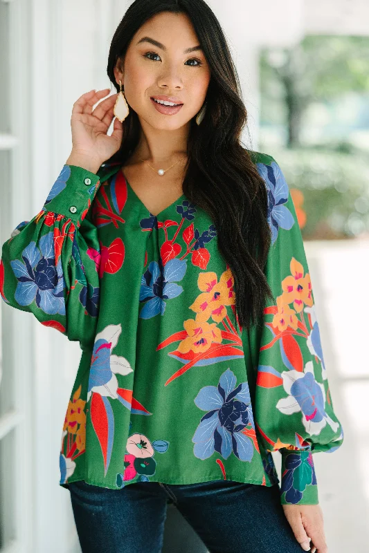 Just For You Green Floral Satin Blouse