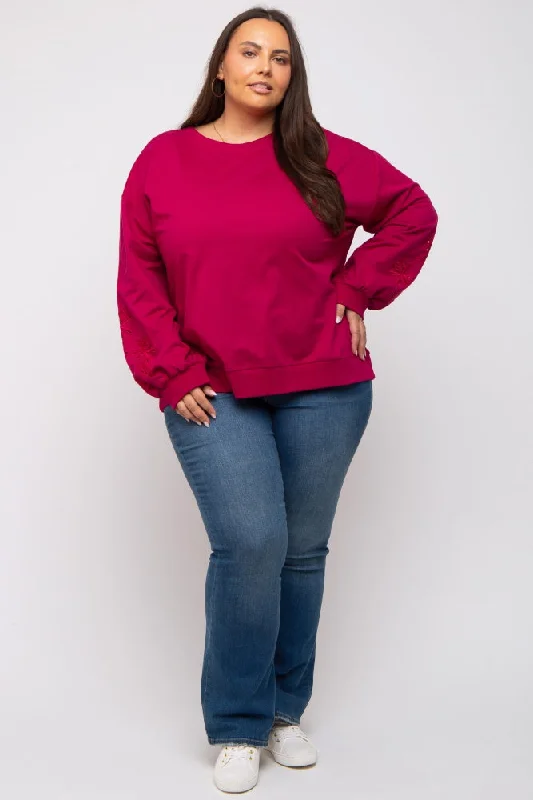 Magenta Embroidered Long Sleeve Plus Top