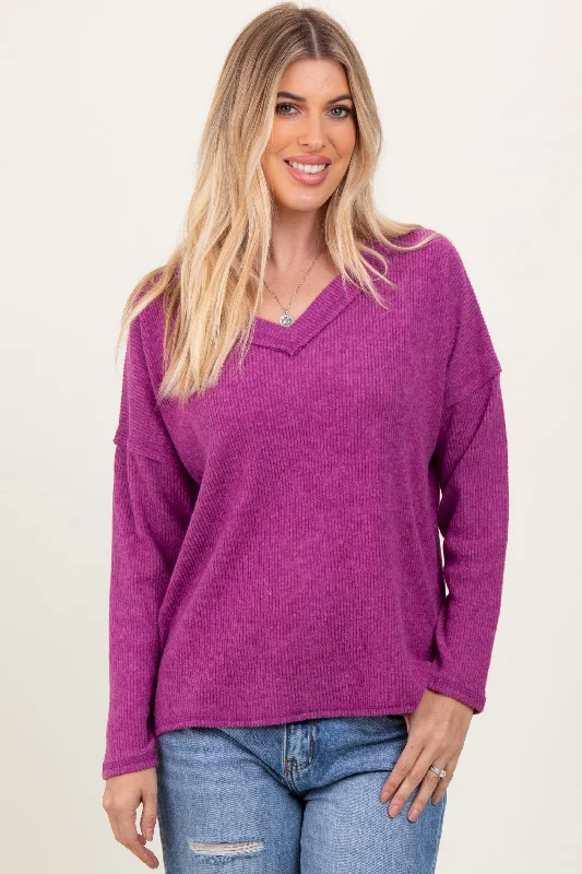 Magenta Ribbed V-Neck Long Sleeve Top