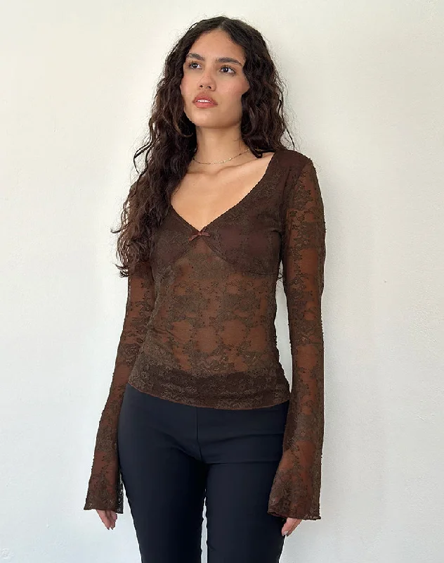 Orphee Long Sleeve Lace Top in Brown