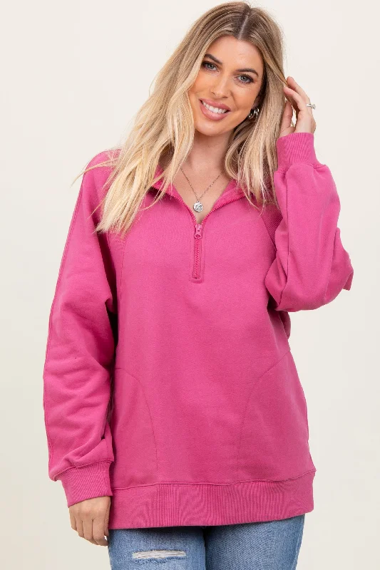 Pink Half Zip Contrast Rib Sweatshirt Top