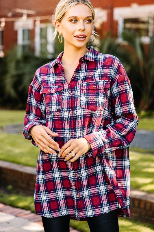 Simple Solutions Burgundy Red Plaid Button Down Top