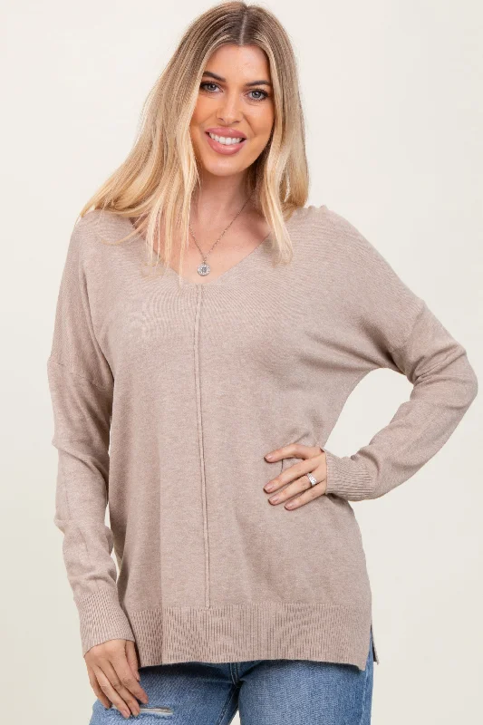 Taupe Front Seam V-Neck Side Slit Sweater