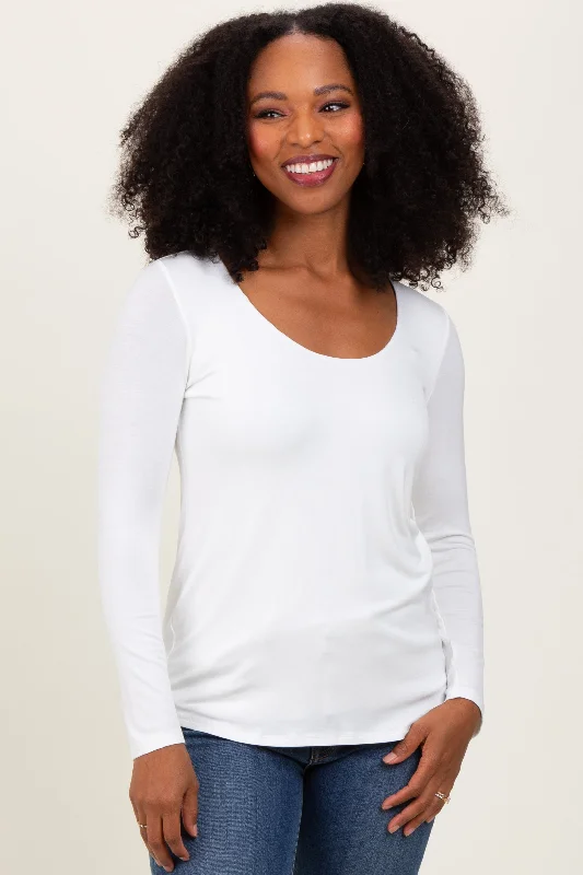 White Basic Scoop Neck Long Sleeve Top